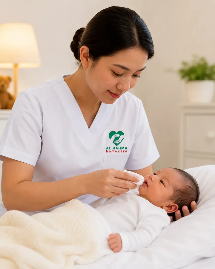 A carer sitting with a young child during a home visit
