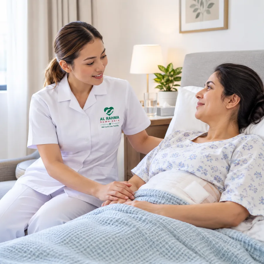 A nurse changing a dressing for a patient recovering at home