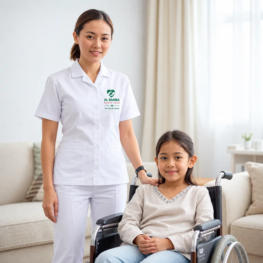 A carer assisting a wheelchair user at home