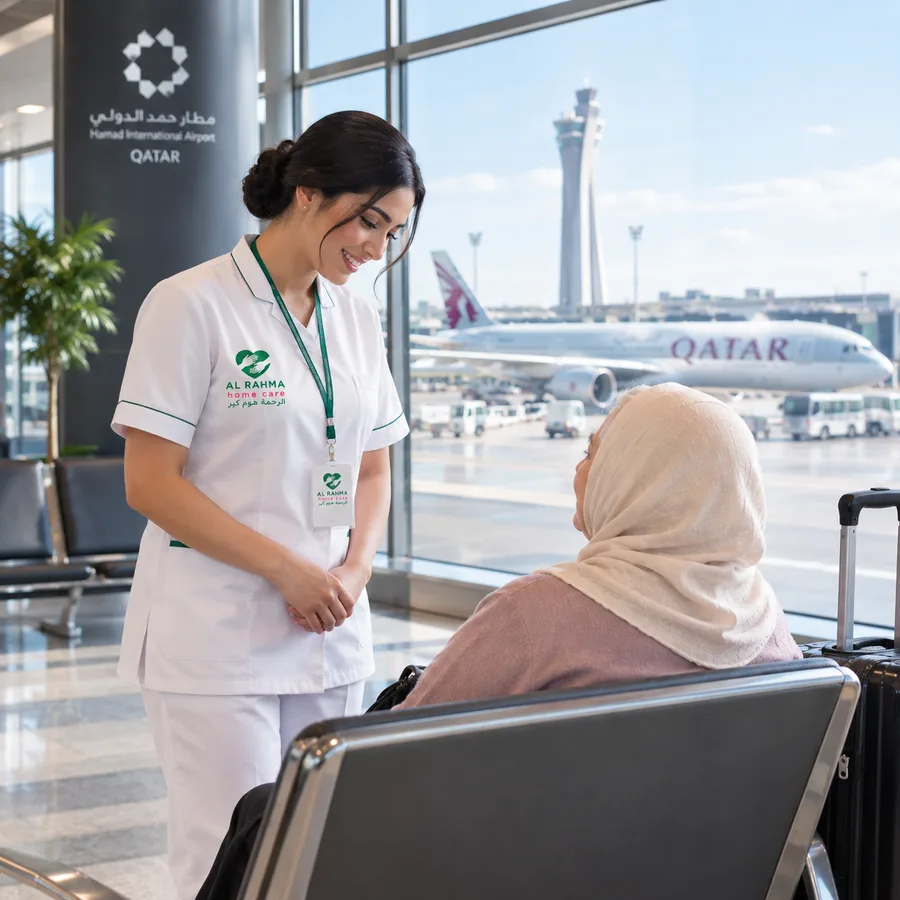 A nurse assisting an elderly traveller in a wheelchair at the airport